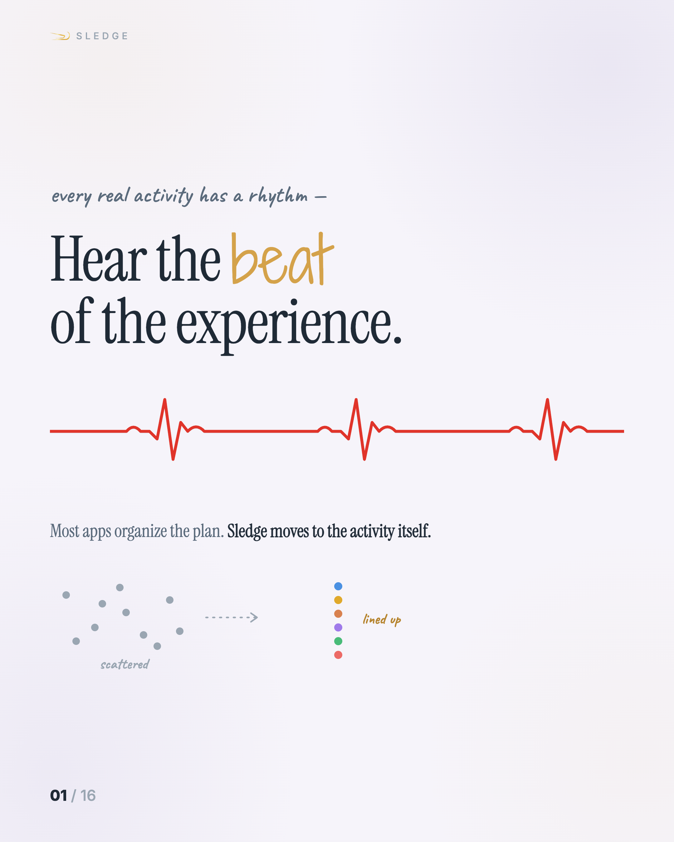 Hear the beat of the experience — a heartbeat line above a scattered-to-lined-up dot visual
